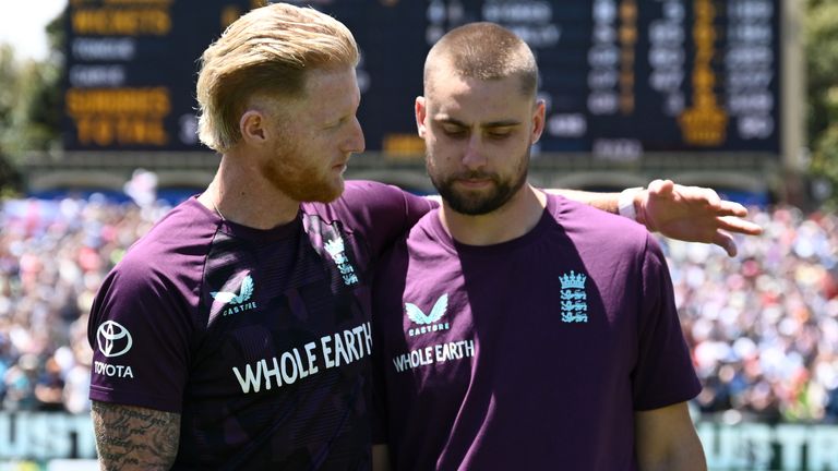 England captain Ben Stokes consoles Will Jacks after England's third-Test defeat