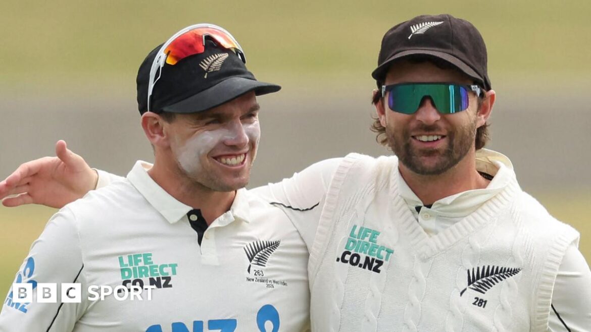 New Zealand openers Tom Latham and Devon Conway celebrate after their team