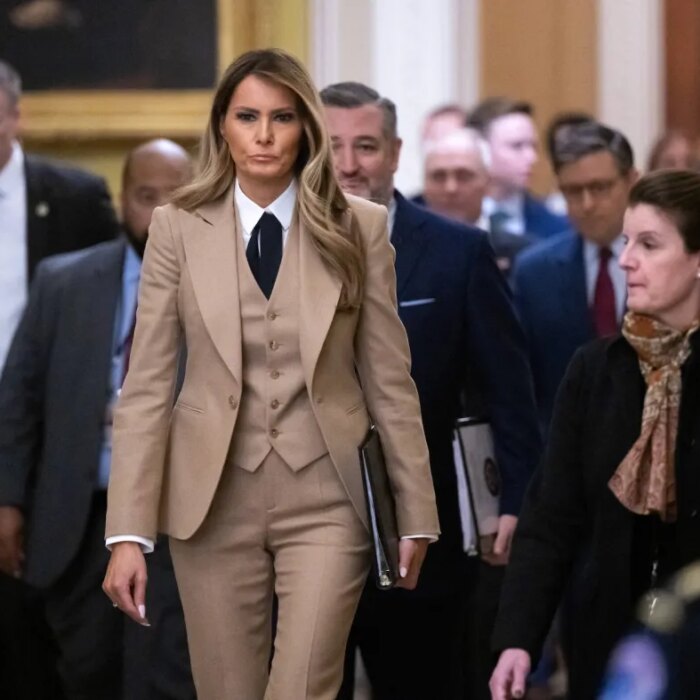 US First Lady Melania Trump walks to a meeting to urge passage of the Take It Down Act by the US Senate which protects victims of real and deepfake “revenge pornography” by criminalizing their publication.