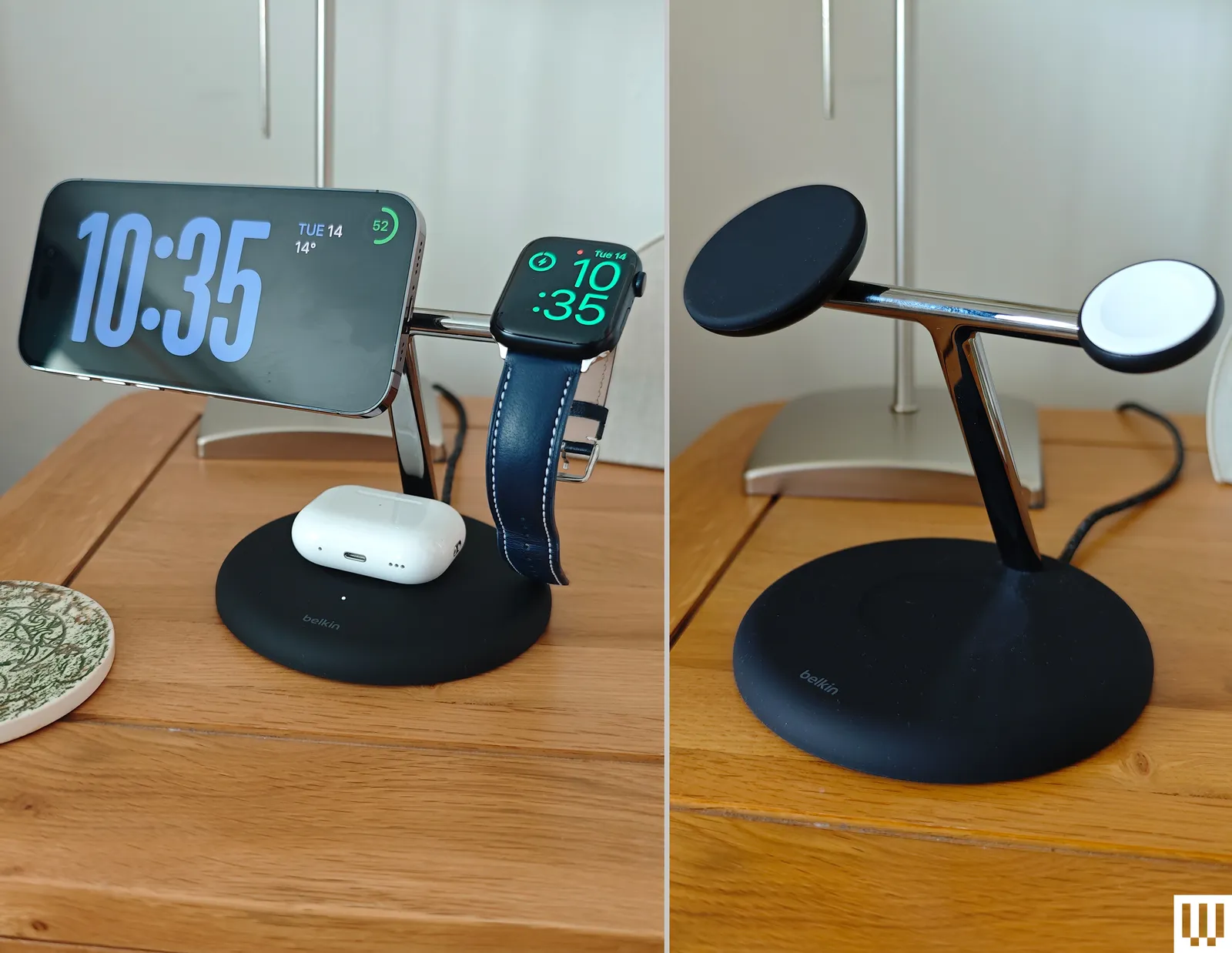 Belkin 3in1 Qi2 Charging Stand a black stand with 2 extending arms to hold devices shown on the left with a phone watch...