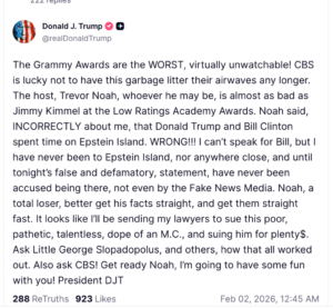 Donald Trump Slams Grammys and Trevor Noah for Epstein Joke