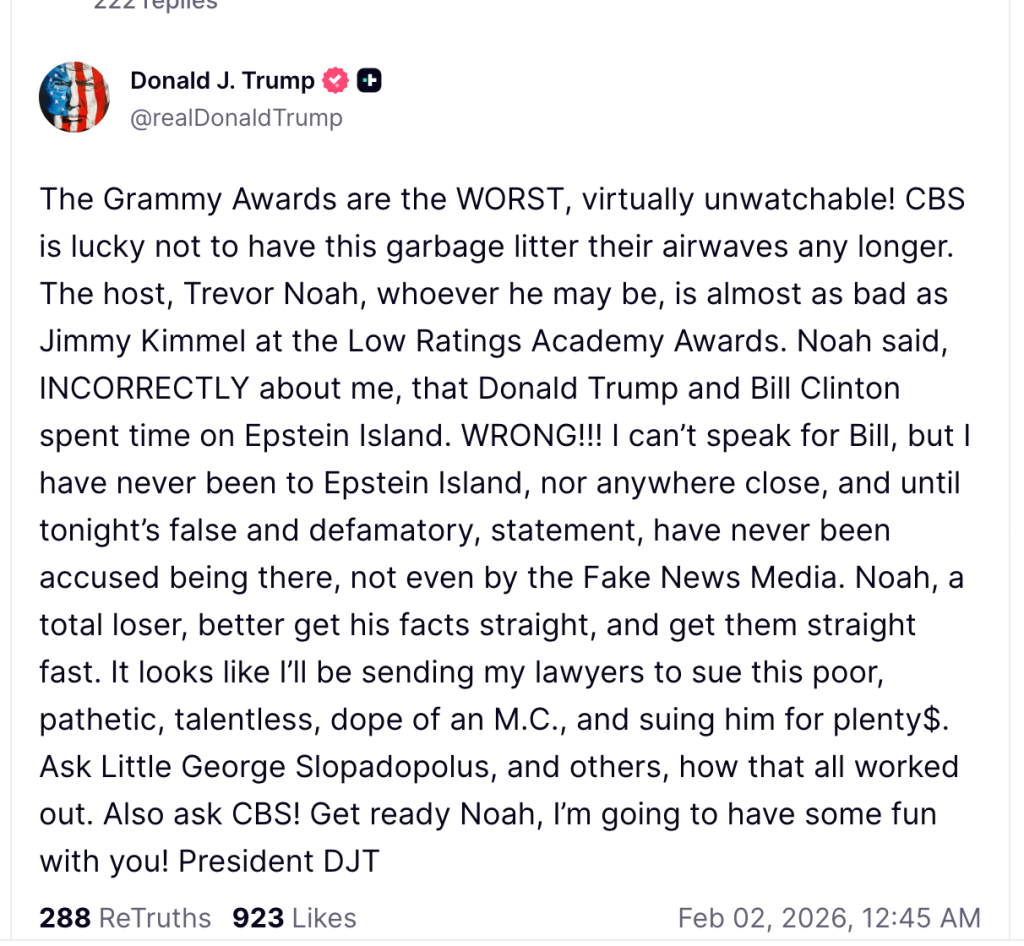 Donald Trump Slams Grammys and Trevor Noah for Epstein Joke