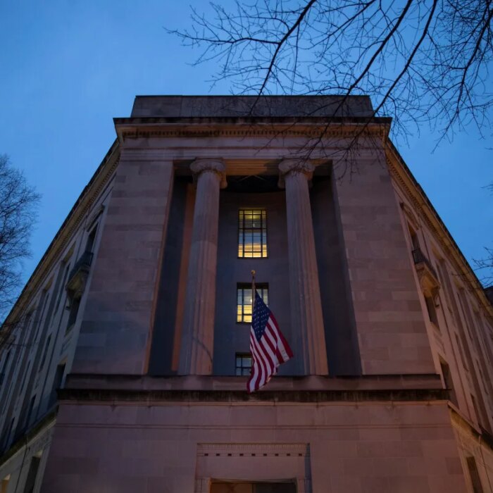 Department of Justice stands in the early hours of Friday morning, March 22, 2019 in Washington, DC.