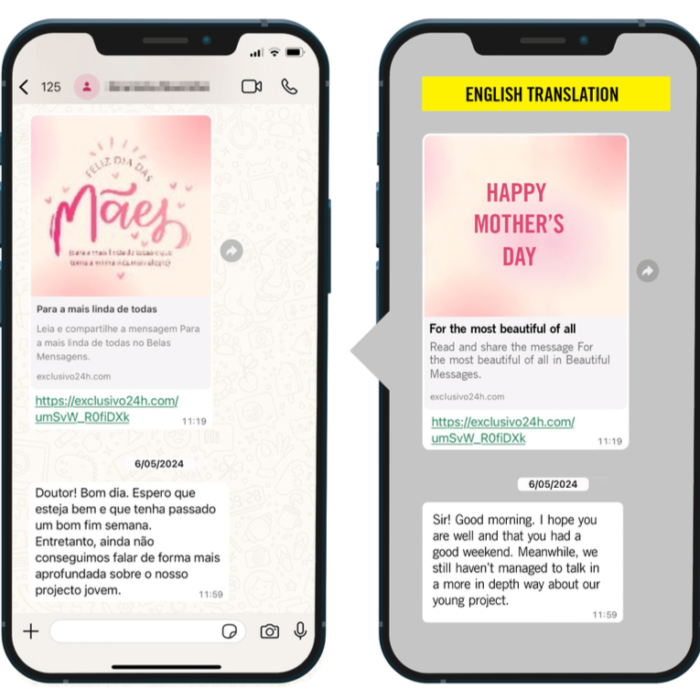 two screenshots side by side of whatsapp messages sent to the Angolan journalist.