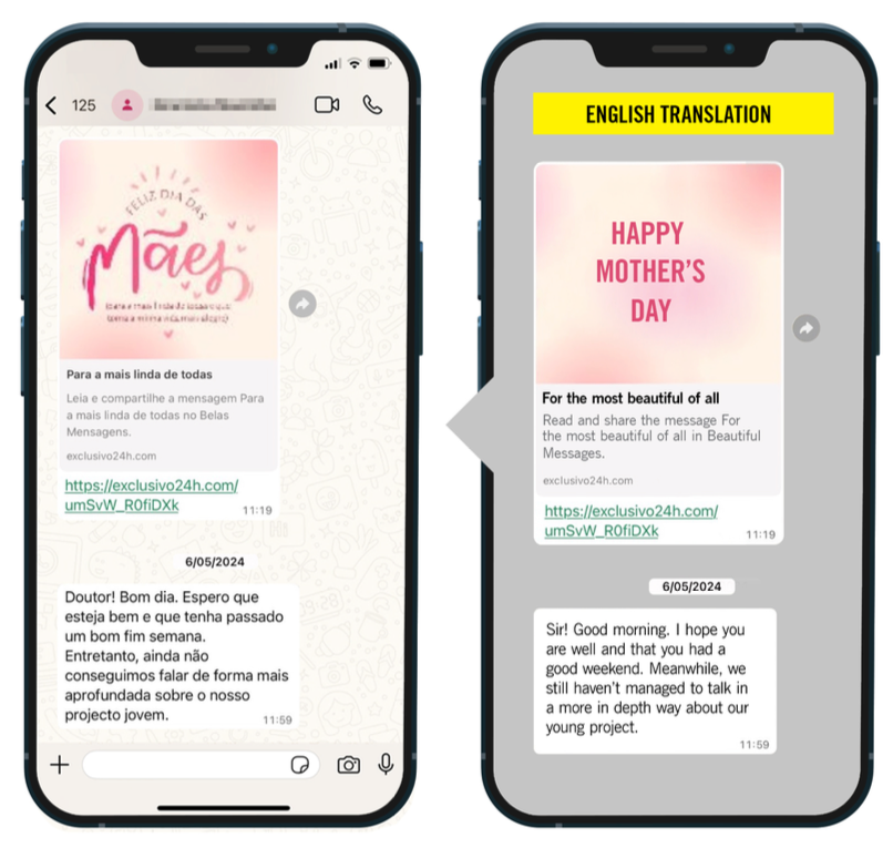 two screenshots side by side of whatsapp messages sent to the Angolan journalist.