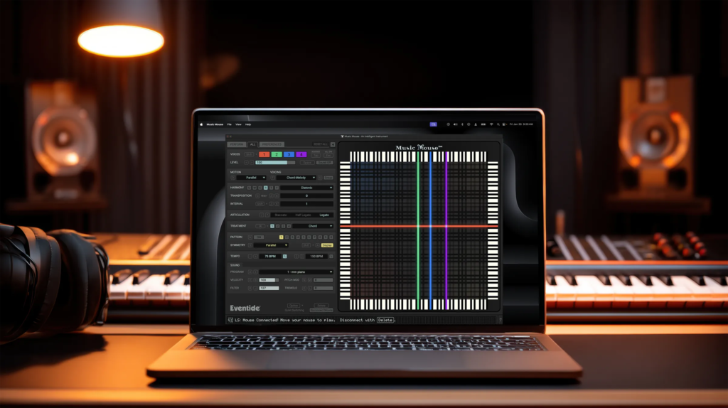 Music Mouse running on a MacBook on a desk.