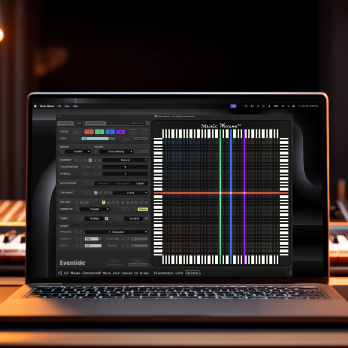 Music Mouse running on a MacBook on a desk.