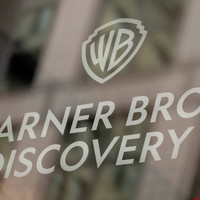 Signage at the Warner Bros. Discovery headquarters in New York