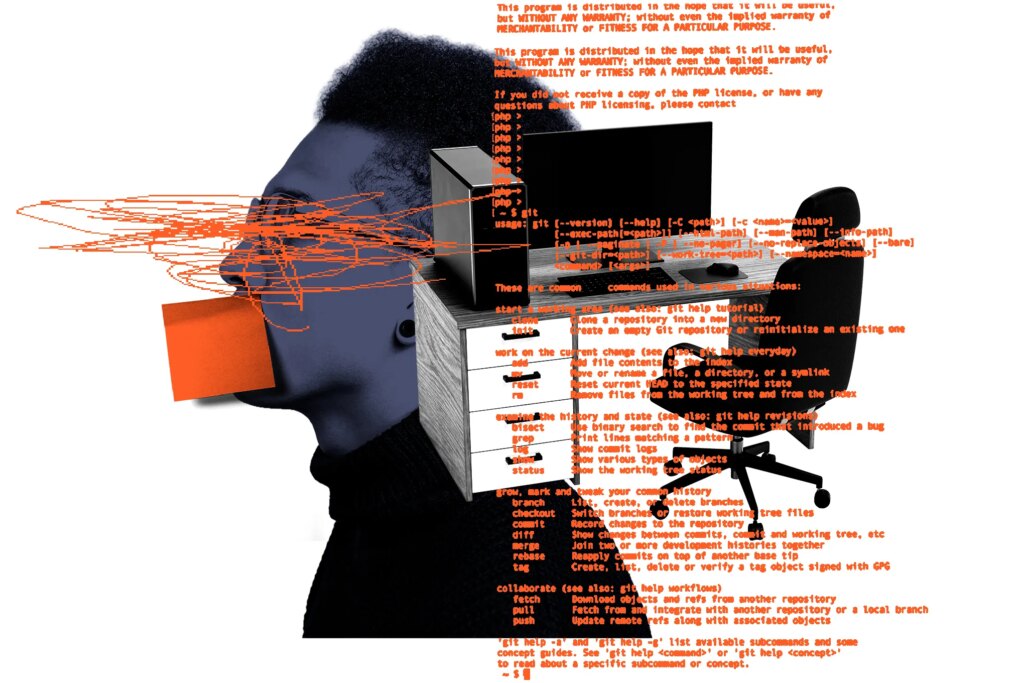 Worker in profile with a post-it note over their mouth next to an office desk with command line code overlayed.