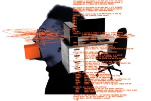 Worker in profile with a post-it note over their mouth next to an office desk with command line code overlayed.
