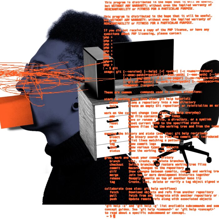 Worker in profile with a post-it note over their mouth next to an office desk with command line code overlayed.