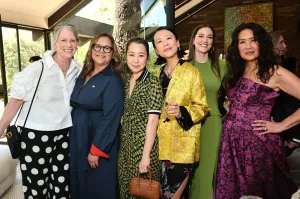 BEVERLY HILLS, CALIFORNIA - MARCH 11: (L-R) Mary Alice Drumm, Yvett Merino, Maggie Kang, Domee Shi, Madeline Sharafian and Michelle Wong attend the 98th Academy Awards Luncheon For Female Nominees Hosted by Diane von Furstenberg on March 11, 2026 in Beverly Hills, California. (Photo by Emma McIntyre/Getty Images for DVF)