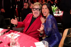 WEST HOLLYWOOD, CALIFORNIA - MARCH 15: (Exclusive Coverage) (L-R) Elton John and Dua Lipa attend Elton John AIDS Foundation's 34th Annual Academy Awards Viewing Party on March 15, 2026 in West Hollywood, California. (Photo by Kevin Mazur/Getty Images for Elton John AIDS Foundation)