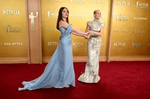 Aimee Lou Wood and Leslie Bibb at The 32nd Annual Actor Awards Presented by SAG-AFTRA held at the Shrine Auditorium and Expo Hall on March 01, 2026 in Los Angeles, California. (Photo by Gilbert Flores/Variety via Getty Images)