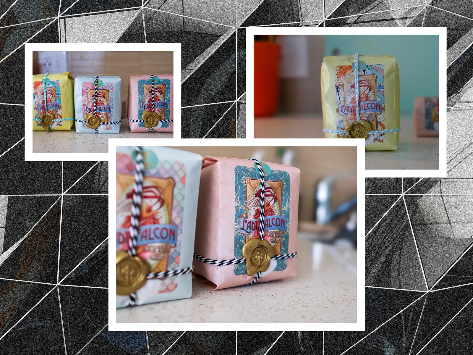 Colorful coffee packaging at different angles each wrapped with twine and a wax seal. Background Geometric reflective...