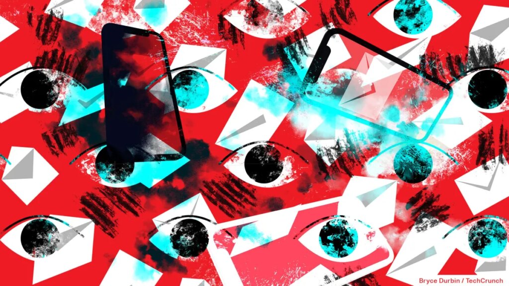 An illustration of mailbox icons falling out of the cloud with phones in the red background, symbolizing phone spyware.