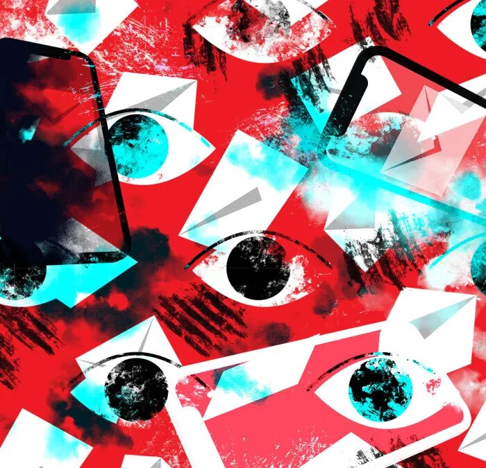 An illustration of mailbox icons falling out of the cloud with phones in the red background, symbolizing phone spyware.