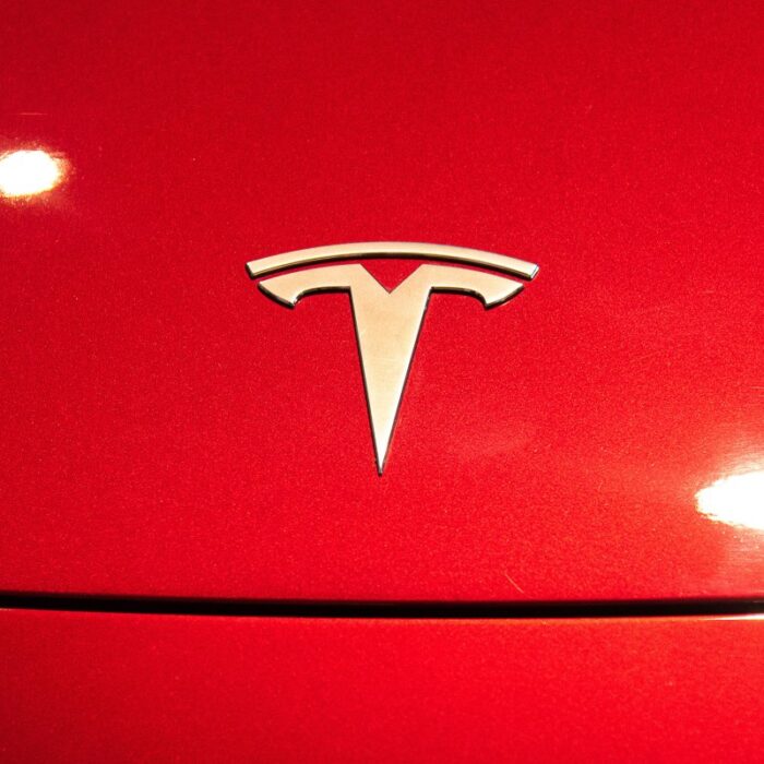 A Tesla logo seen on a Tesla Model 3 car.