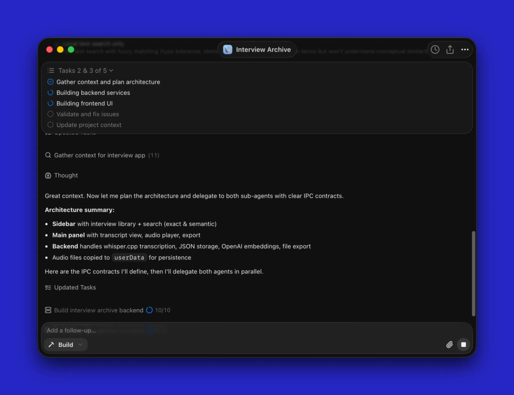 A screenshot of a black window displaying an in-progress vibe coding session.