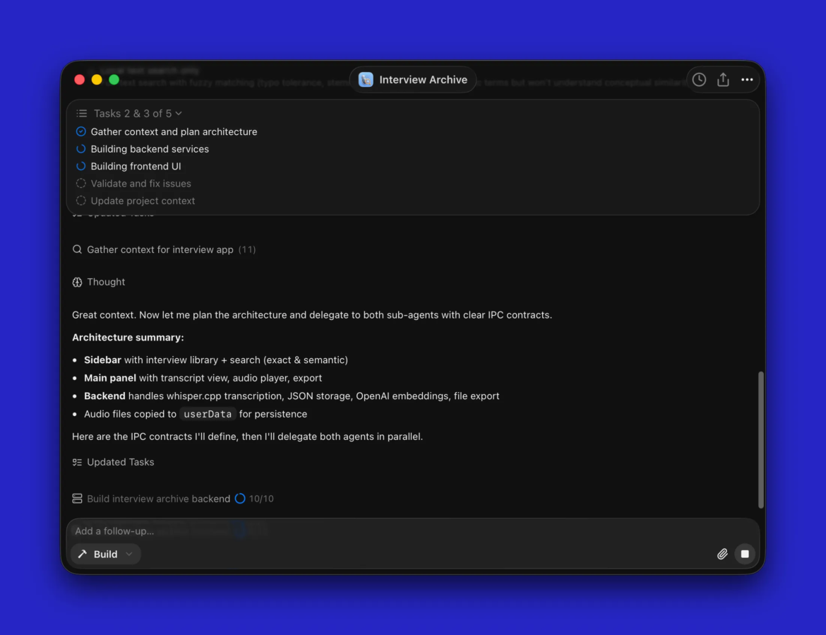 A screenshot of a black window displaying an in-progress vibe coding session.