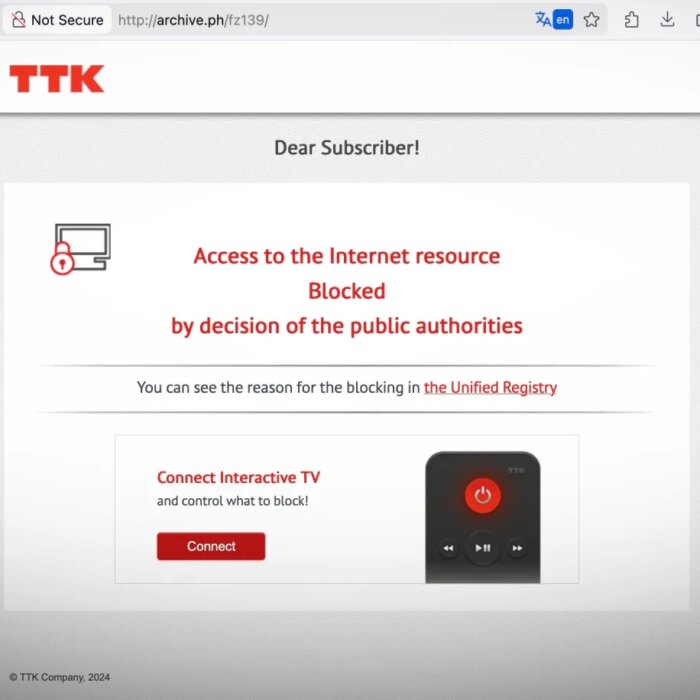 a screenshot showing Archive.today blocked, attributing the block to Russian authorities.