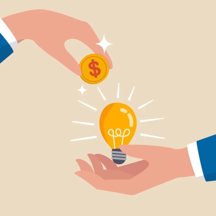 Crowd funding, new business or start up company to get money or venture capital to support or sponsor business concept, businessman hand giving money dollar coin to new business idea light bulb.