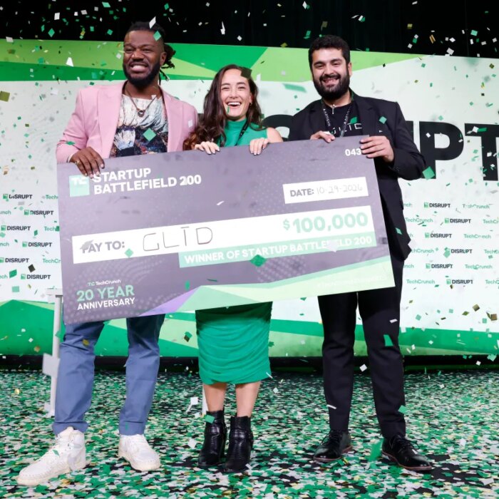 Kevin A. Damoa, Founder & CEO, Glīd, Claire Kroft and Ankit Malhotra, winners of the Startup Battlefield 2025, pose onstage during day three of TechCrunch Disrupt 2025 at Moscone Center on October 29, 2025 in San Francisco, California.