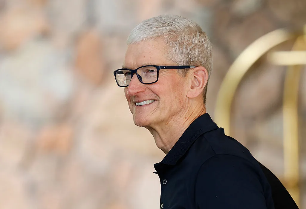 SUN VALLEY, IDAHO - JULY 08: Apple CEO Tim Cook arrives at the Sun Valley lodge for the Allen & Company Sun Valley Conference on July 8, 2025 in Sun Valley, Idaho. Every year, some of the world