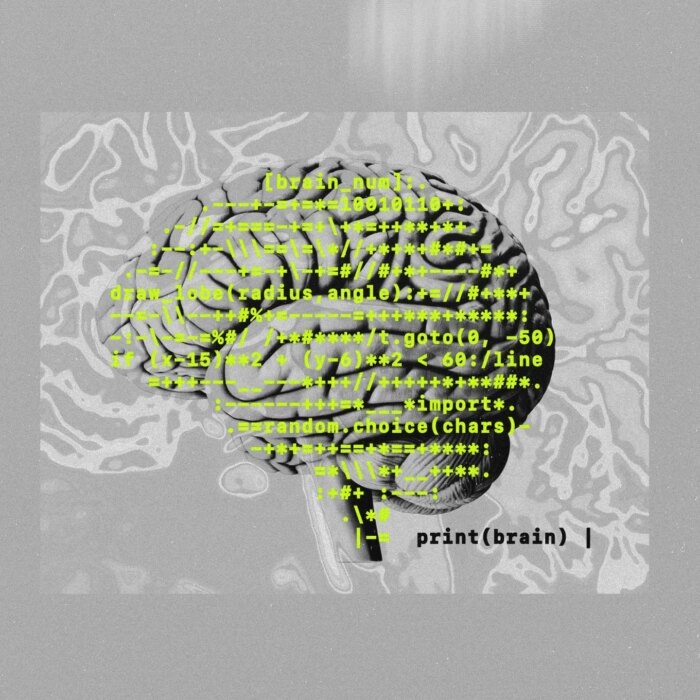 An illustration of a brain covered in software code.