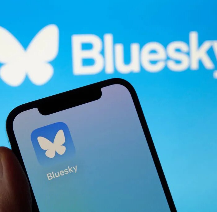 The image shows the icon of Bluesky, the new decentralized social network created by Twitter co-founder Jack Dorsey.