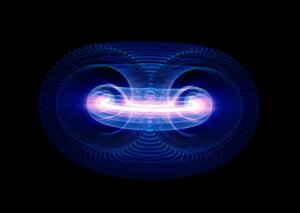 Illustration of plasma particles inside a tokamak fusion reactor.