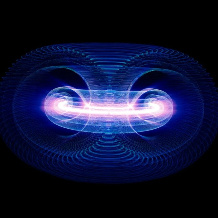 Illustration of plasma particles inside a tokamak fusion reactor.