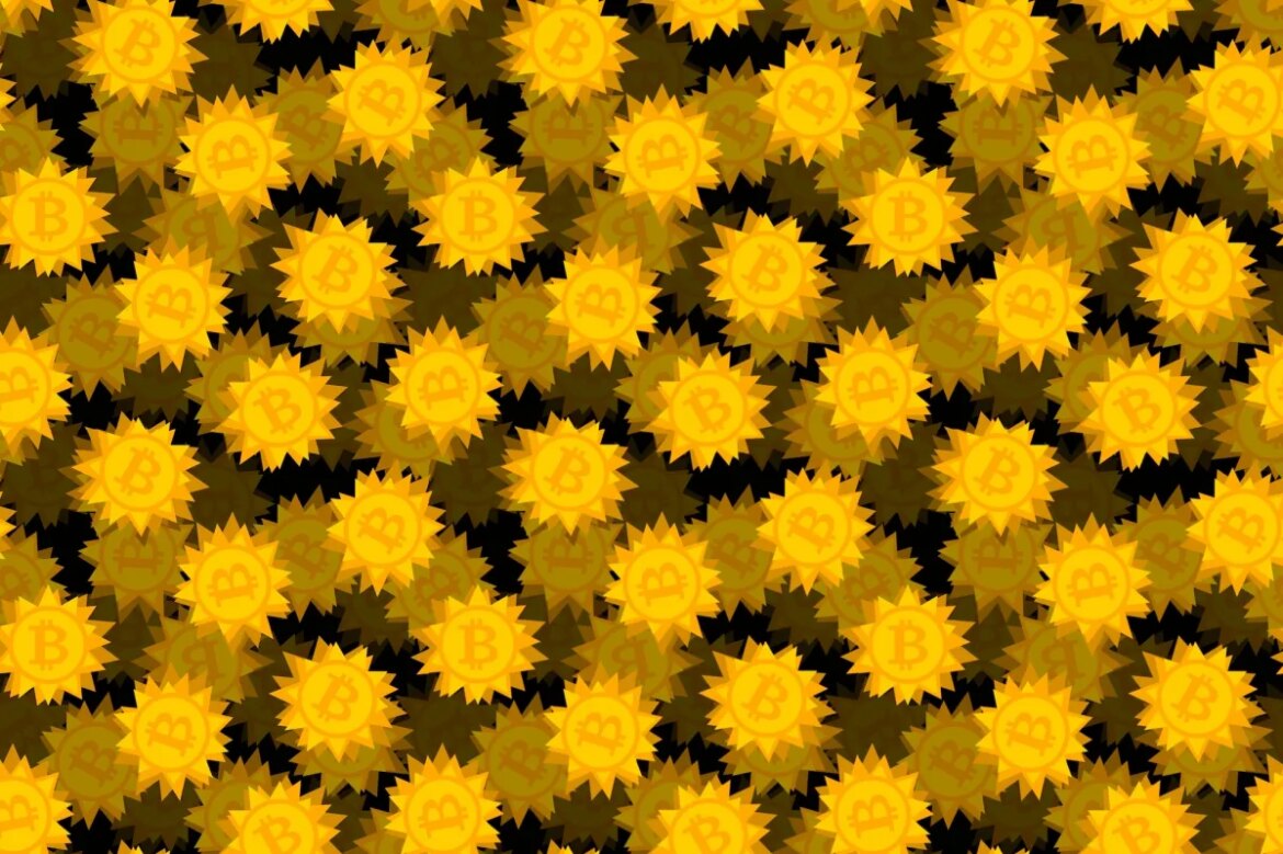 gold bitcoin logos featured on spiky-shaped coins on a darkened black background