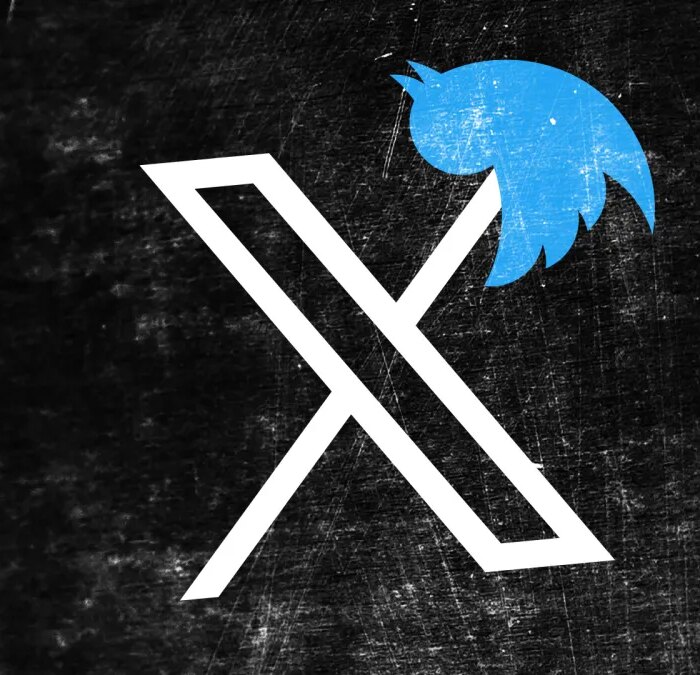 X logo impaling Twitter bird logo