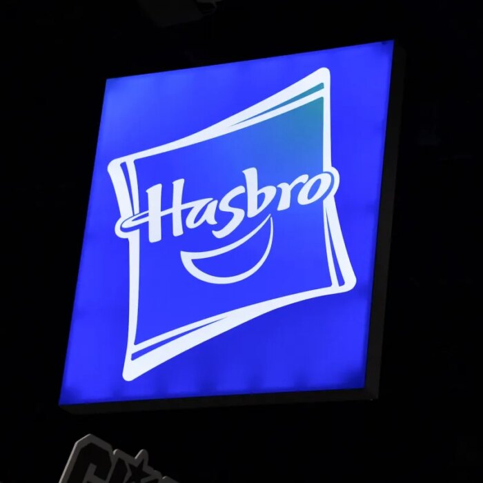 A Hasbro logo is seen during Comic-Con International in San Diego, California, on July 26, 2025.
