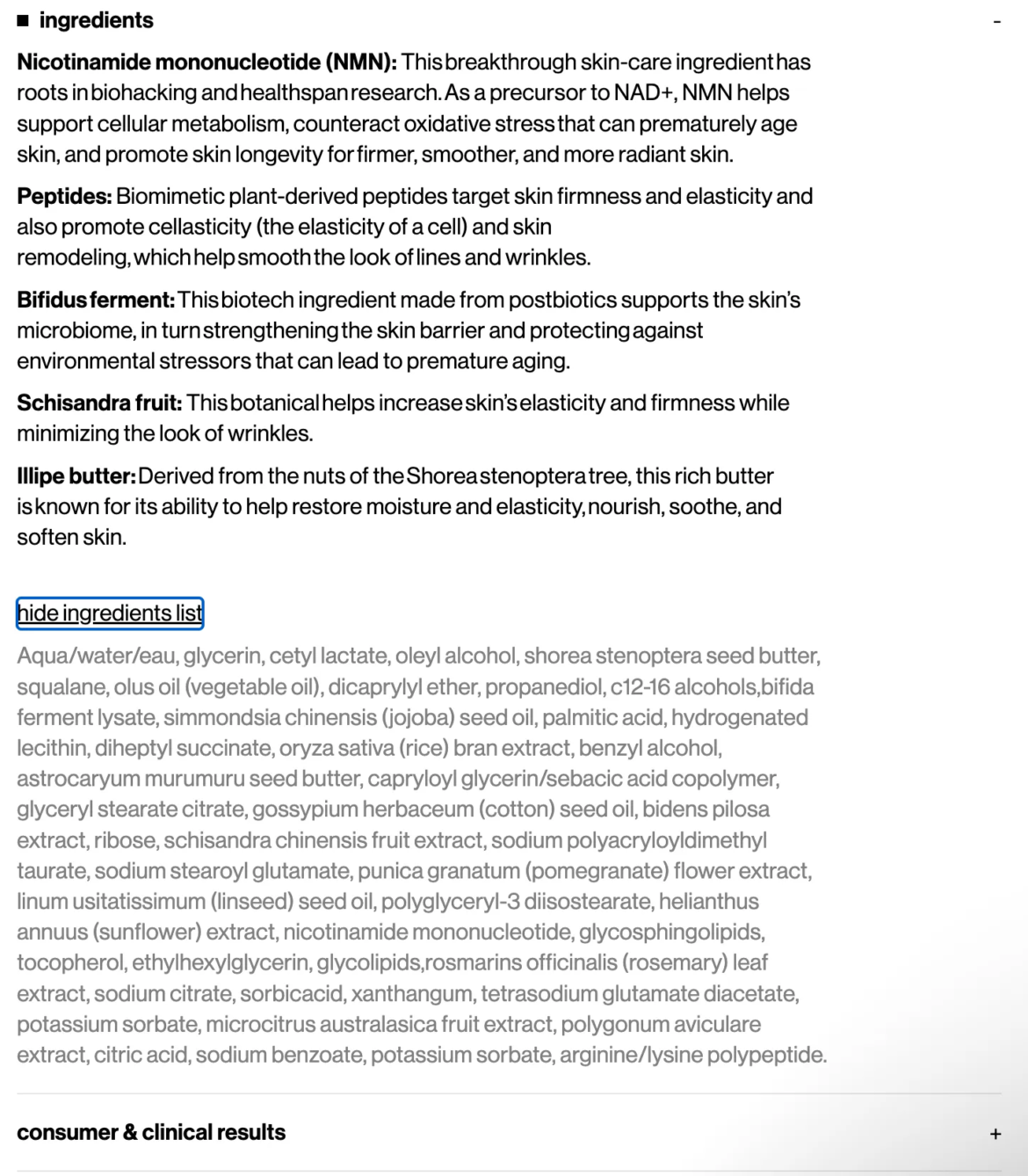 The ingredient list of the Youth Boost NAD+ Peptide Rich cream.