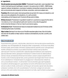 The ingredient list of the Youth Boost NAD+ Peptide Rich cream.