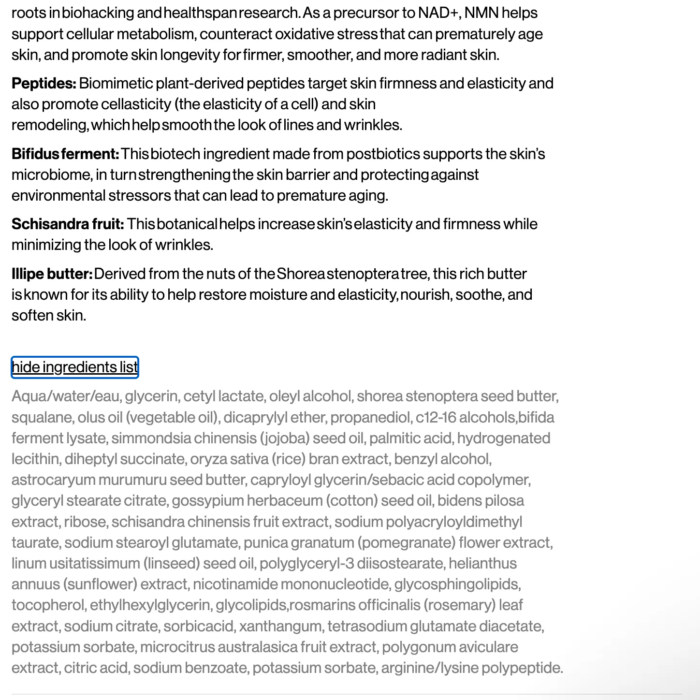 The ingredient list of the Youth Boost NAD+ Peptide Rich cream.