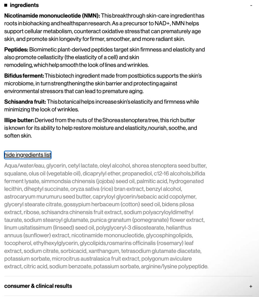 The ingredient list of the Youth Boost NAD+ Peptide Rich cream.