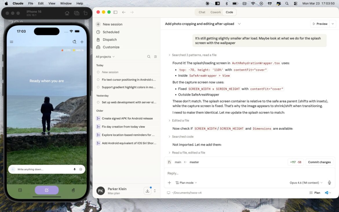 A screenshot showing Claude Code on the right and an iOS simulator running an app on the left.