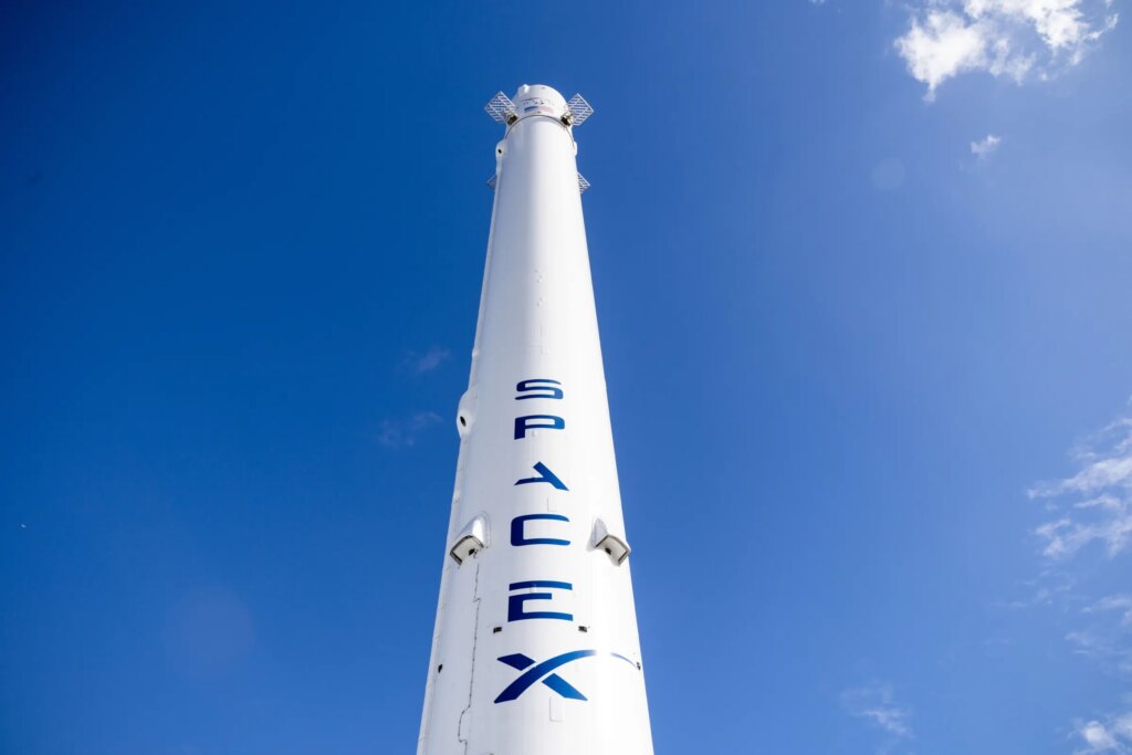 A SpaceX Falcon 9 reusable rocket booster on display outside the company’s facilities in Hawthorne, California, US, on Monday, April 13, 2026.