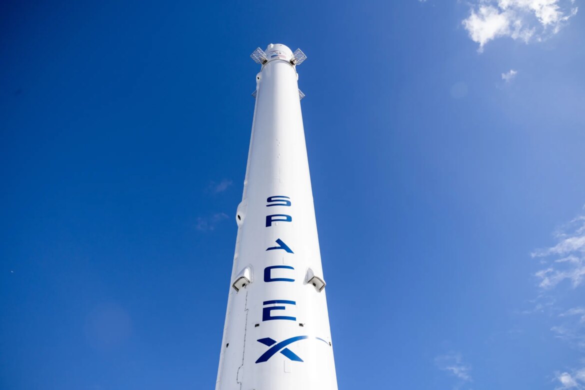 A SpaceX Falcon 9 reusable rocket booster on display outside the company’s facilities in Hawthorne, California, US, on Monday, April 13, 2026.