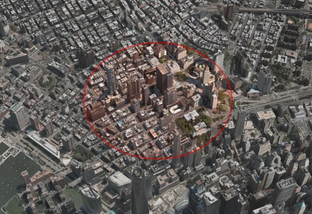 A red circle radius over New York City, representing a geofence warrant.