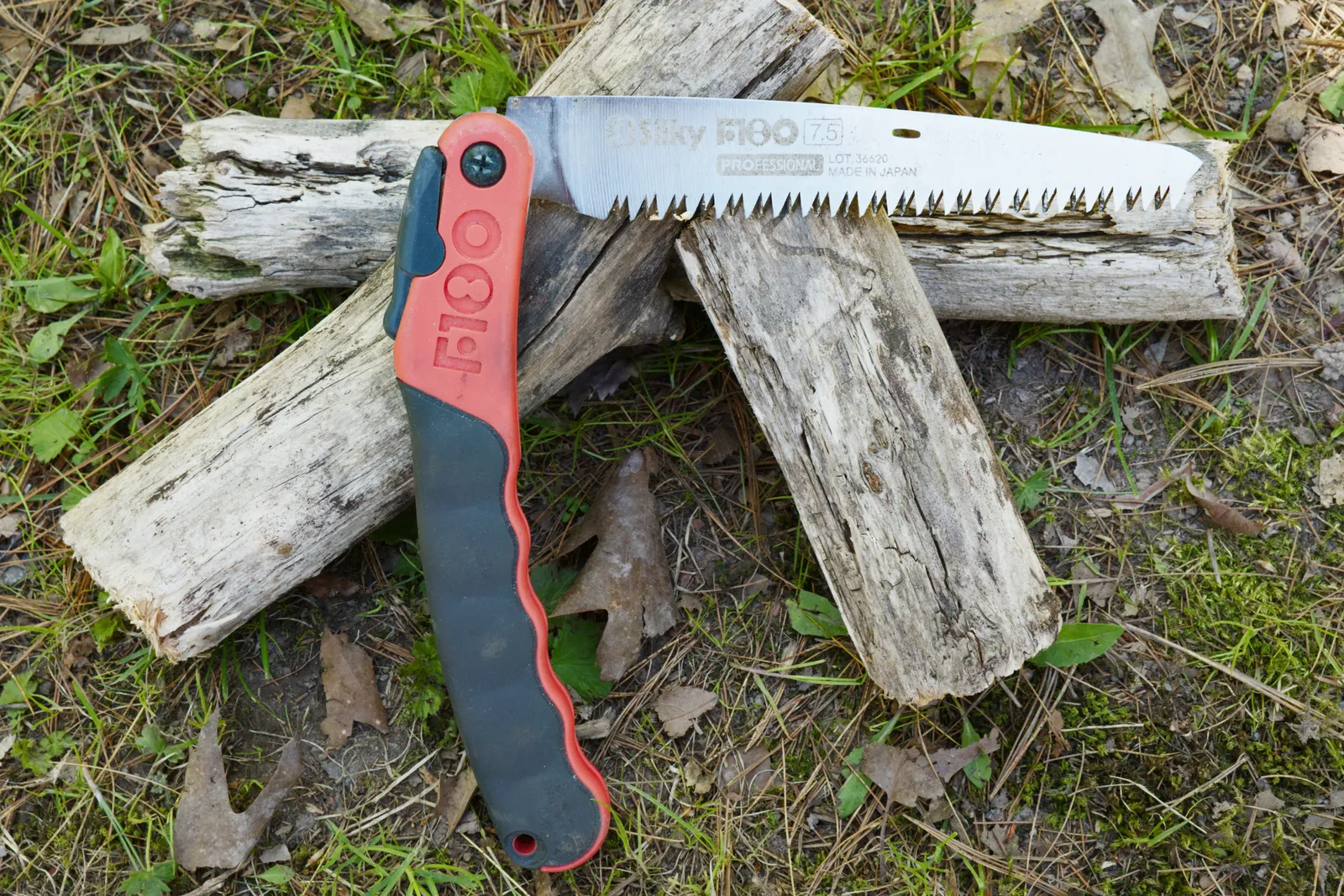 Silky F180 Folding Hand Saw next to sawed logs