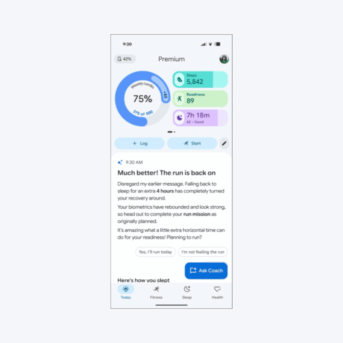 Animation of a health app showing the person's overall daily metrics