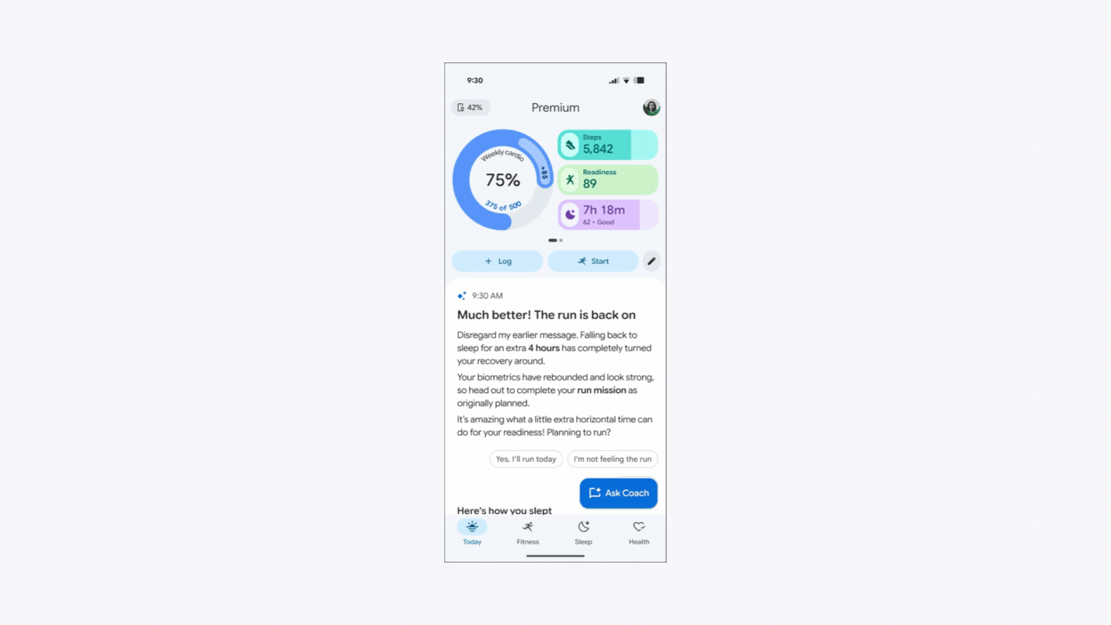 Animation of a health app showing the person's overall daily metrics