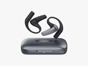 Black and grey earbuds hovering over a closed case