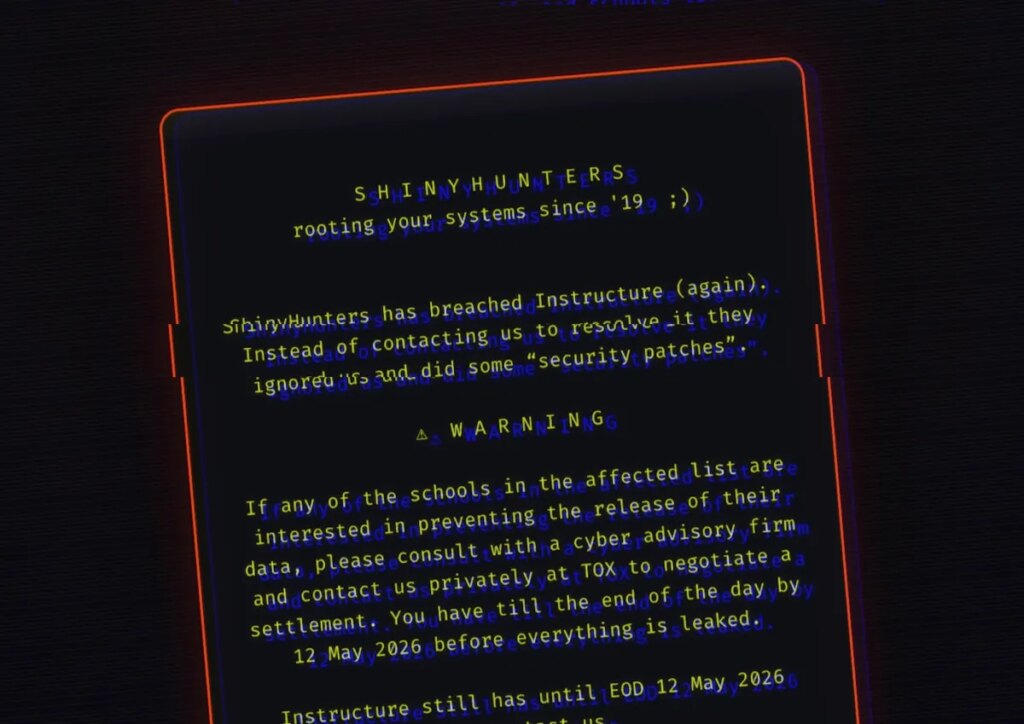 A redacted screenshot of the message ShinyHunters left on the hacked login pages of Instructure