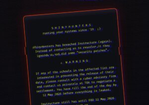 A redacted screenshot of the message ShinyHunters left on the hacked login pages of Instructure