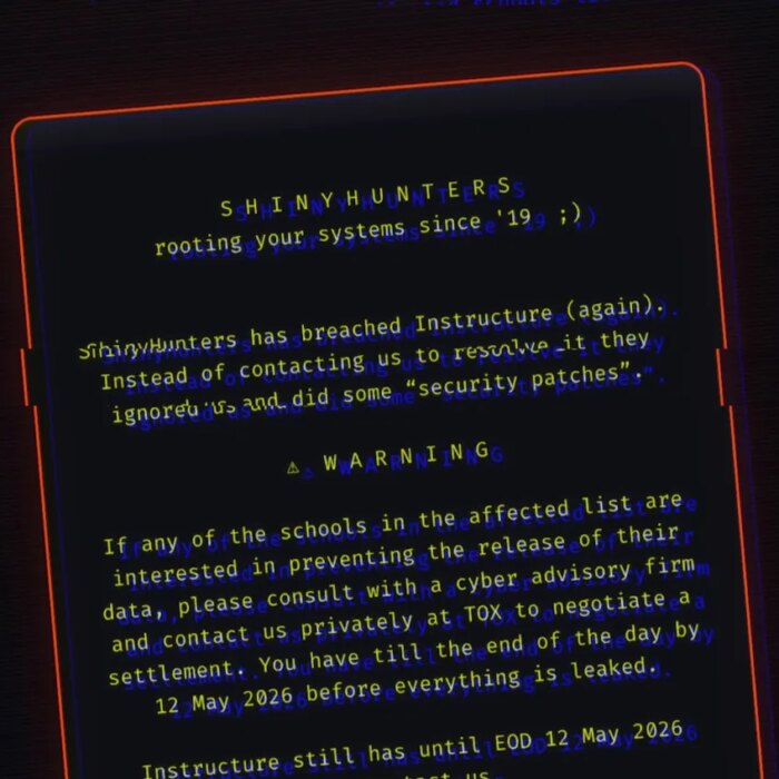 A redacted screenshot of the message ShinyHunters left on the hacked login pages of Instructure